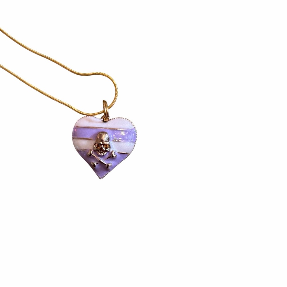 Gold Heart Pendant Necklace with Lavender Enamel and Skull Accent